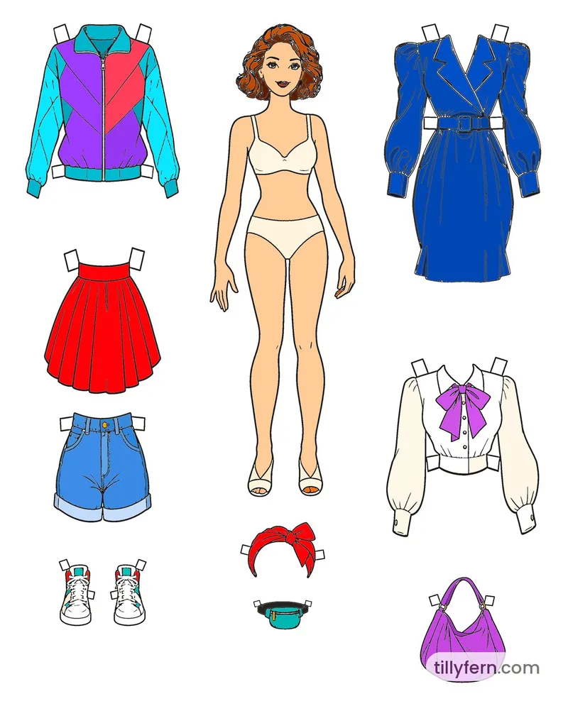 1980s Wardrobe — Doll & Outfits — colored example of the coloring page in bright colors