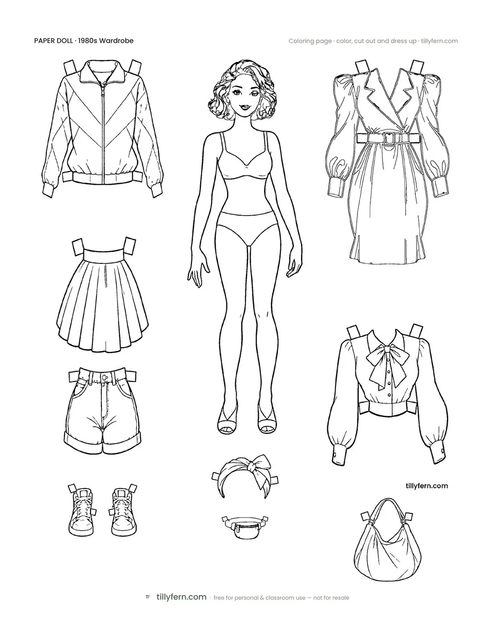 1980s Wardrobe — Doll & Outfits — free printable paper doll coloring page