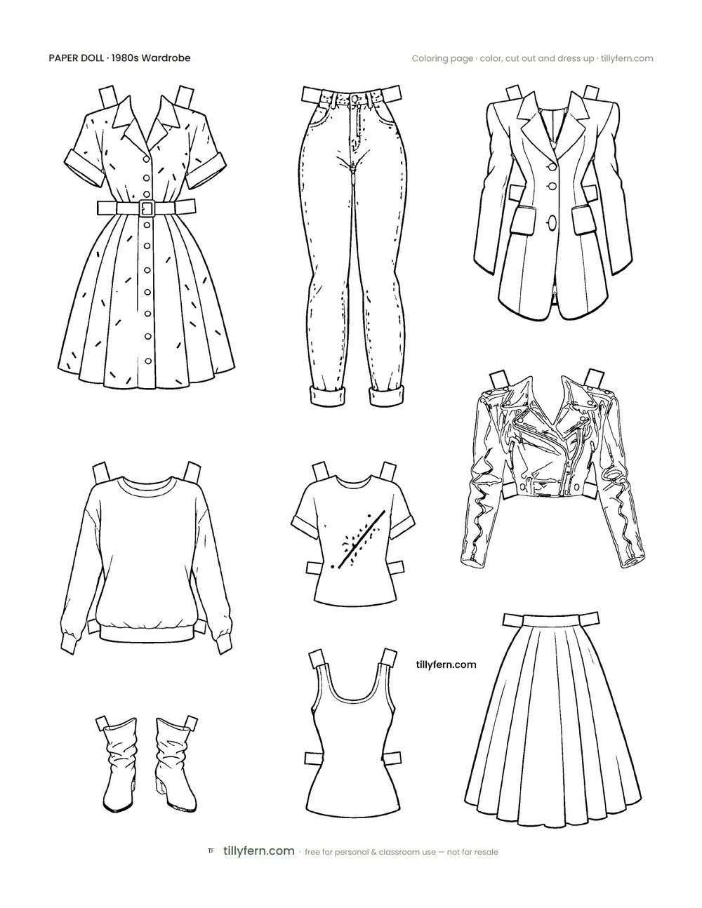 1980s Wardrobe — More Outfits — free printable paper doll coloring page