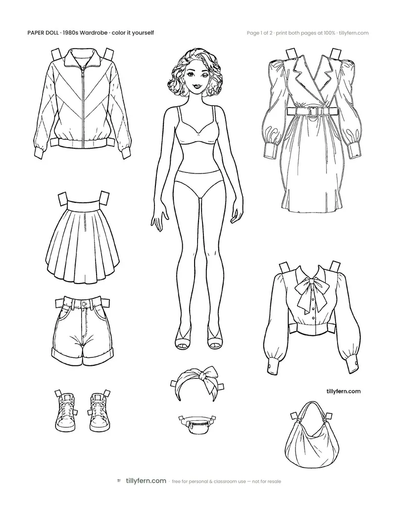 1980s Wardrobe — black and white paper doll and clothes to color in
