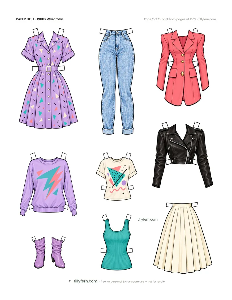 1980s Wardrobe — page 2: more printable paper doll clothes