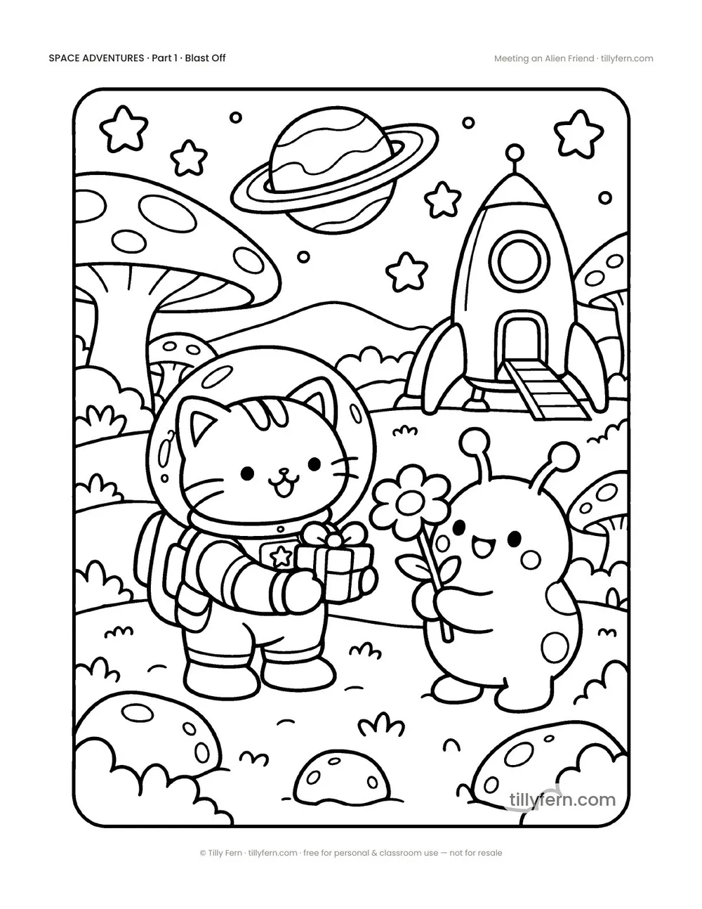 Meeting an Alien Friend — free space coloring page from Space Adventures