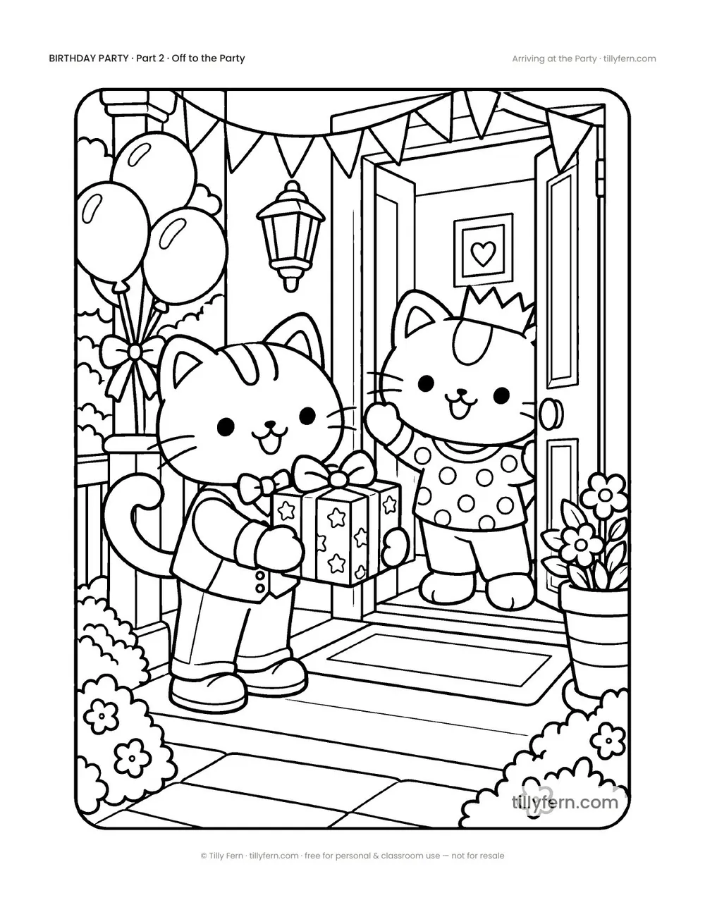 Arriving at the Party — free birthday coloring page from Birthday Party