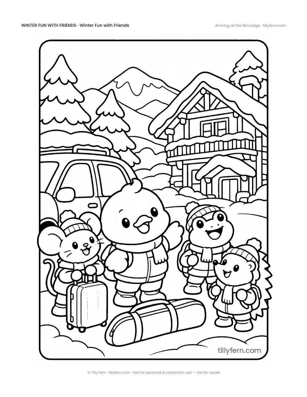 Arriving at the Ski Lodge — free winter coloring page from Winter Fun with Friends