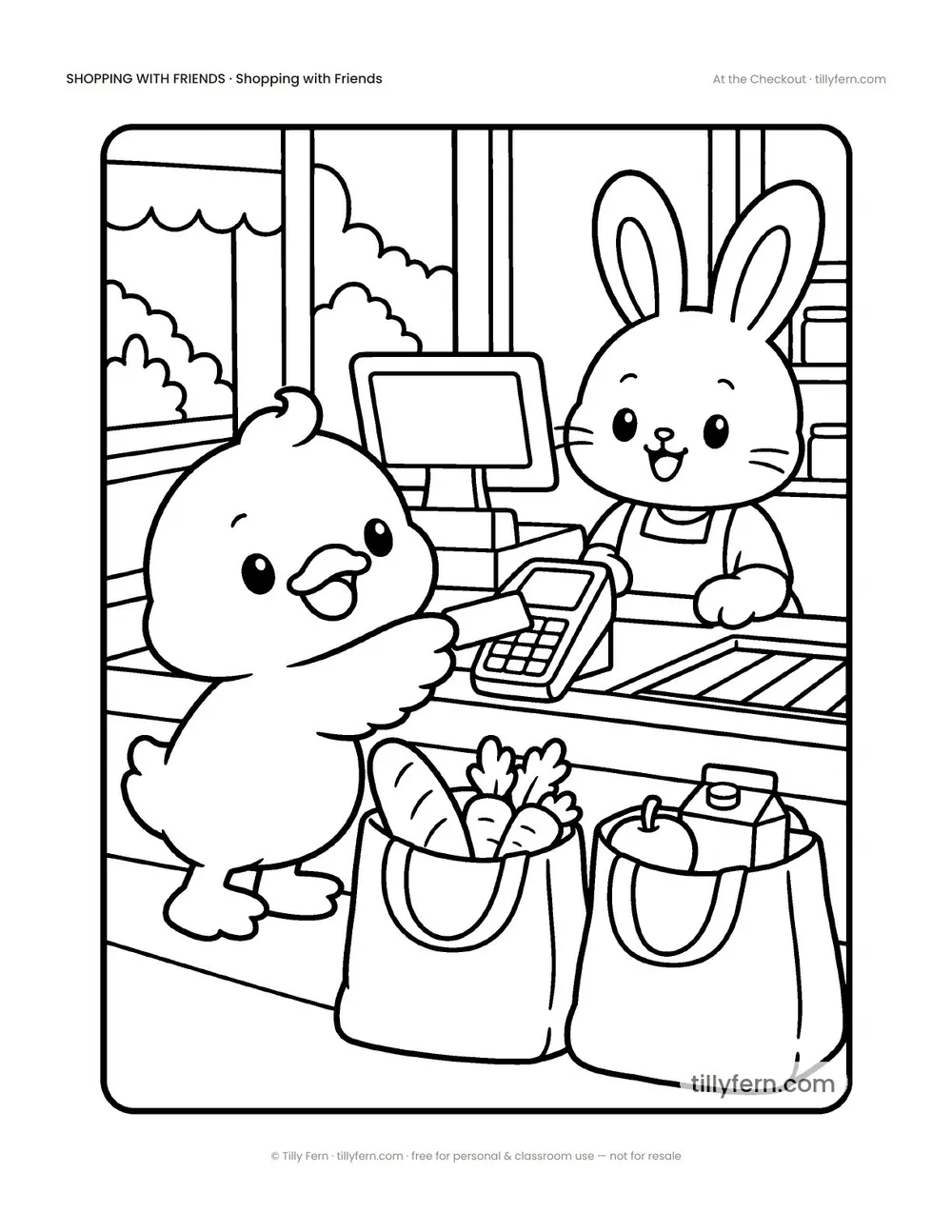 At the Checkout — free grocery store coloring page from Shopping with Friends