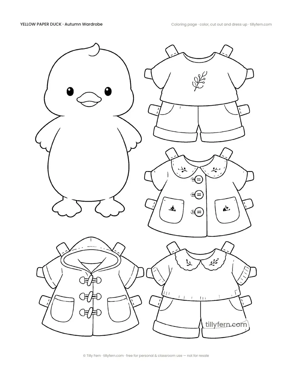 Autumn Wardrobe — Duck & Outfits — free printable yellow paper duck coloring page