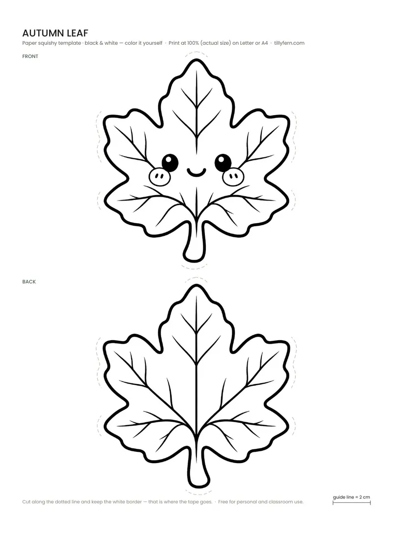 Autumn Leaf — black and white paper squishy template to color in