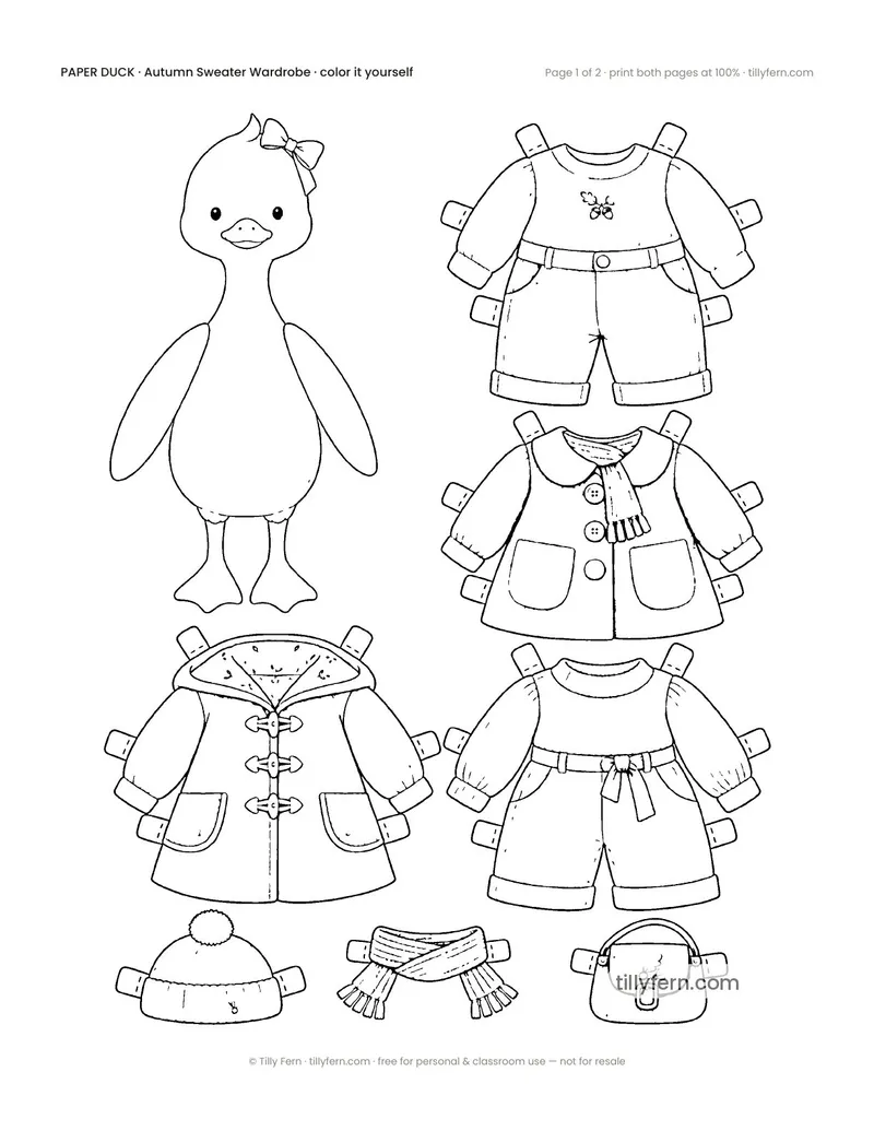Autumn Sweater Wardrobe — black and white paper doll and clothes to color in