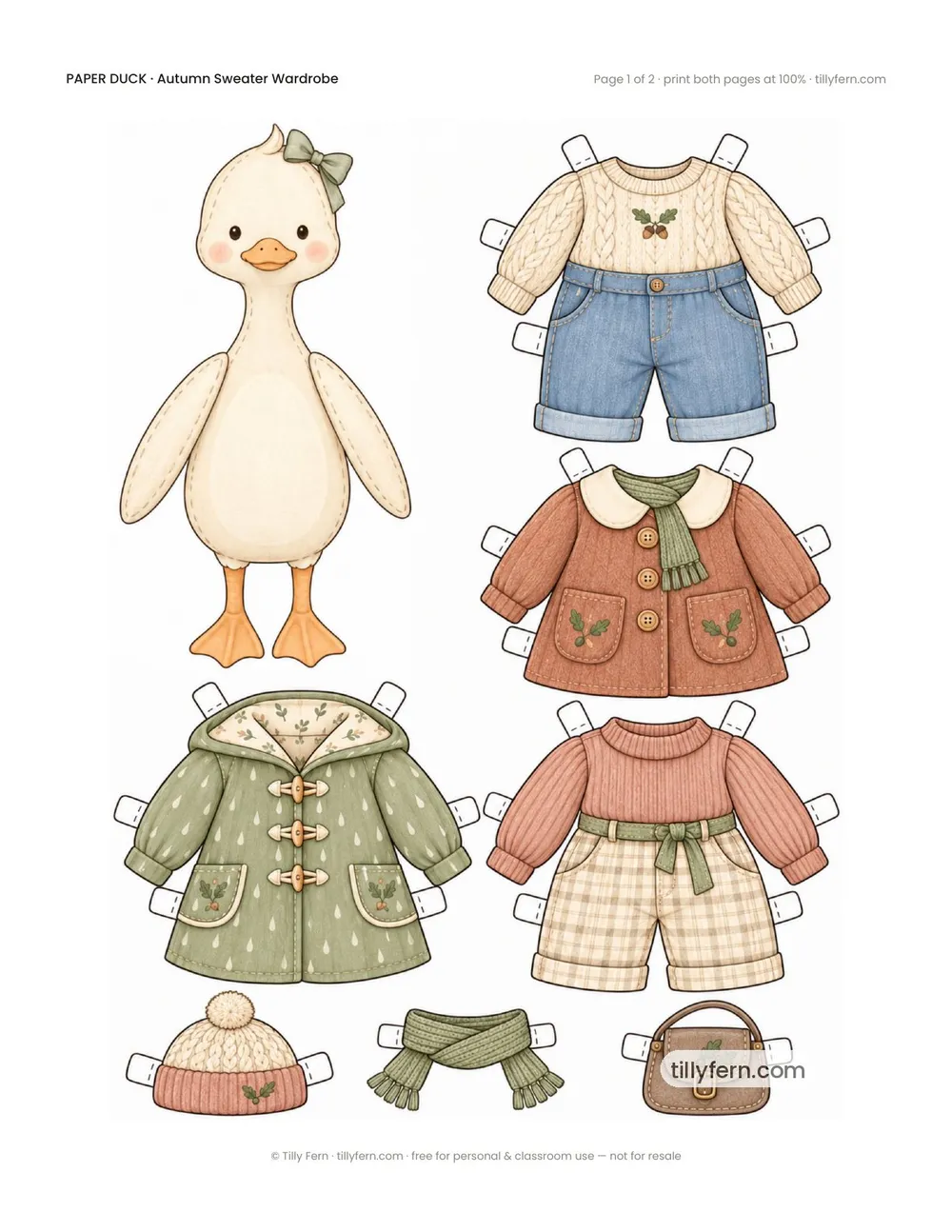 Autumn Sweater Wardrobe — free printable paper duck paper doll with clothes, page 1 of 2