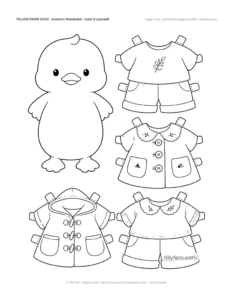 Autumn Wardrobe — black and white paper doll and clothes to color in