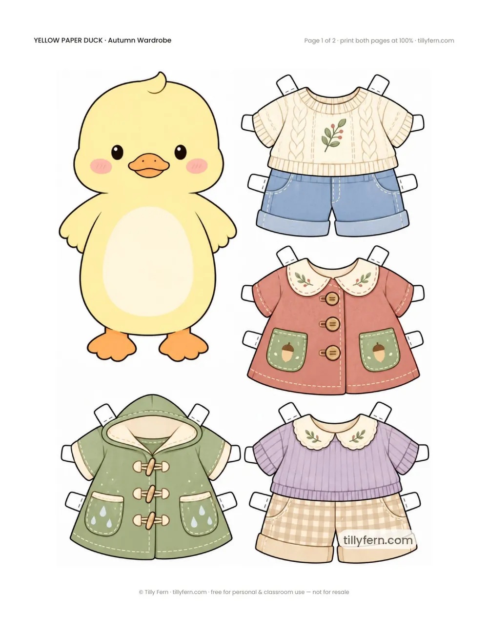 Autumn Wardrobe — free printable yellow paper duck paper doll with clothes, page 1 of 2