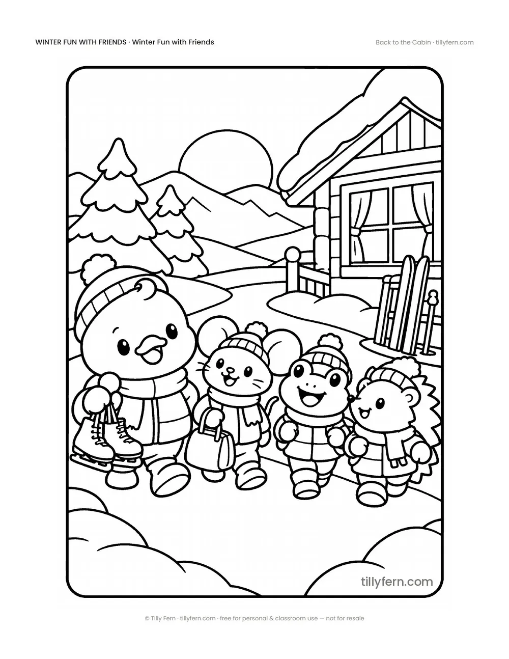 Back to the Cabin — free winter coloring page from Winter Fun with Friends