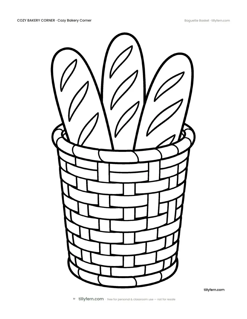 Baguette Basket — free bakery corner coloring page from Cozy Bakery Corner