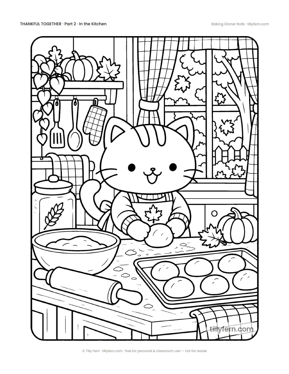 Baking Dinner Rolls — free Thanksgiving coloring page with a cute kitty, from Thankful Together