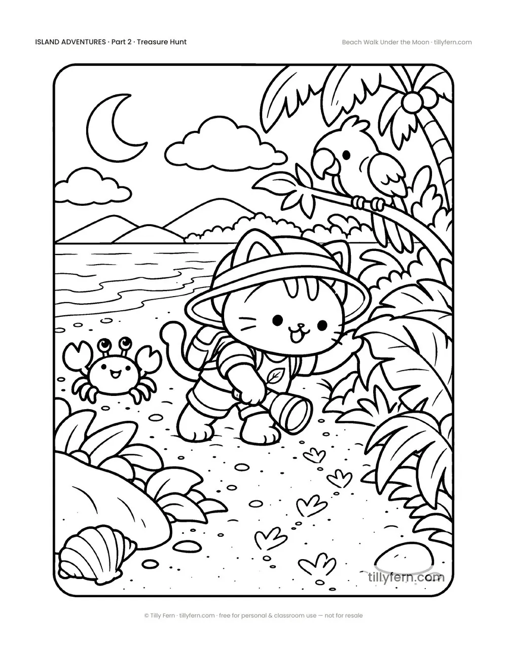 Beach Walk Under the Moon — free beach and summer coloring page from Island Adventures