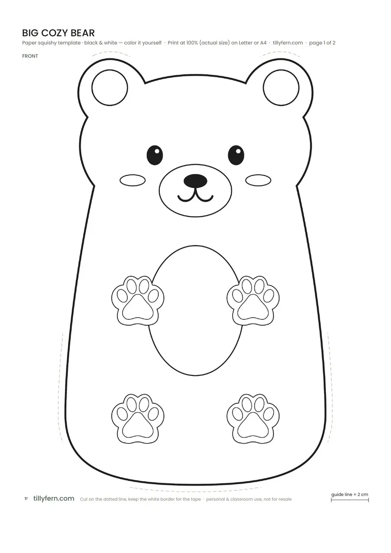 Big Cozy Bear — black and white paper squishy template to color in