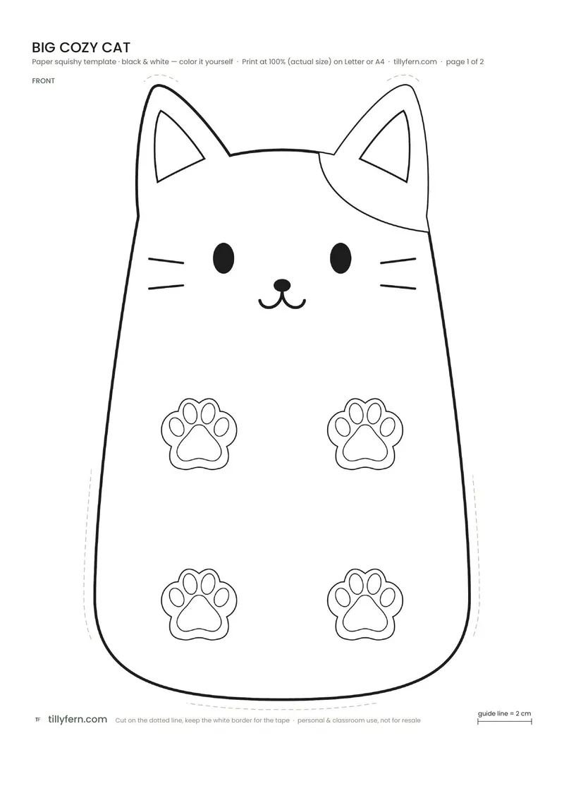 Big Cozy Cat — black and white paper squishy template to color in