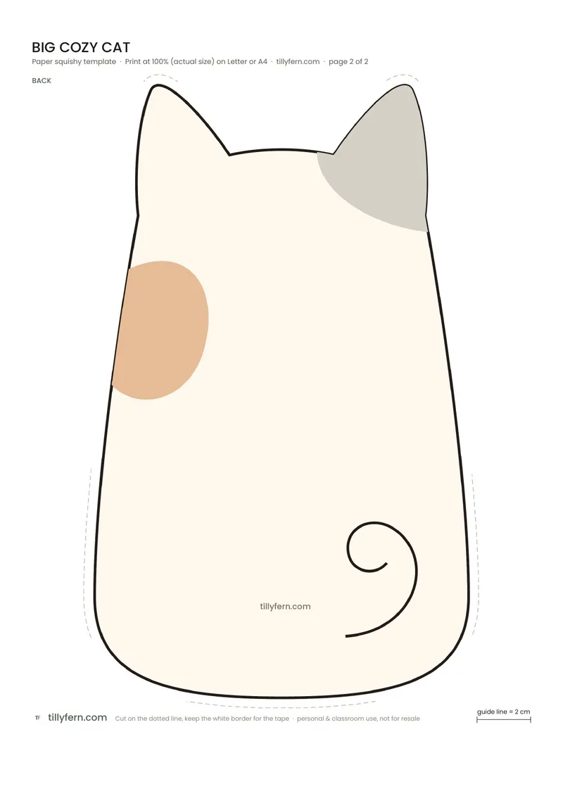 Big Cozy Cat — page 2: the back of the paper squishy template