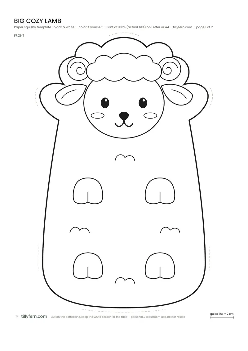 Big Cozy Lamb — black and white paper squishy template to color in