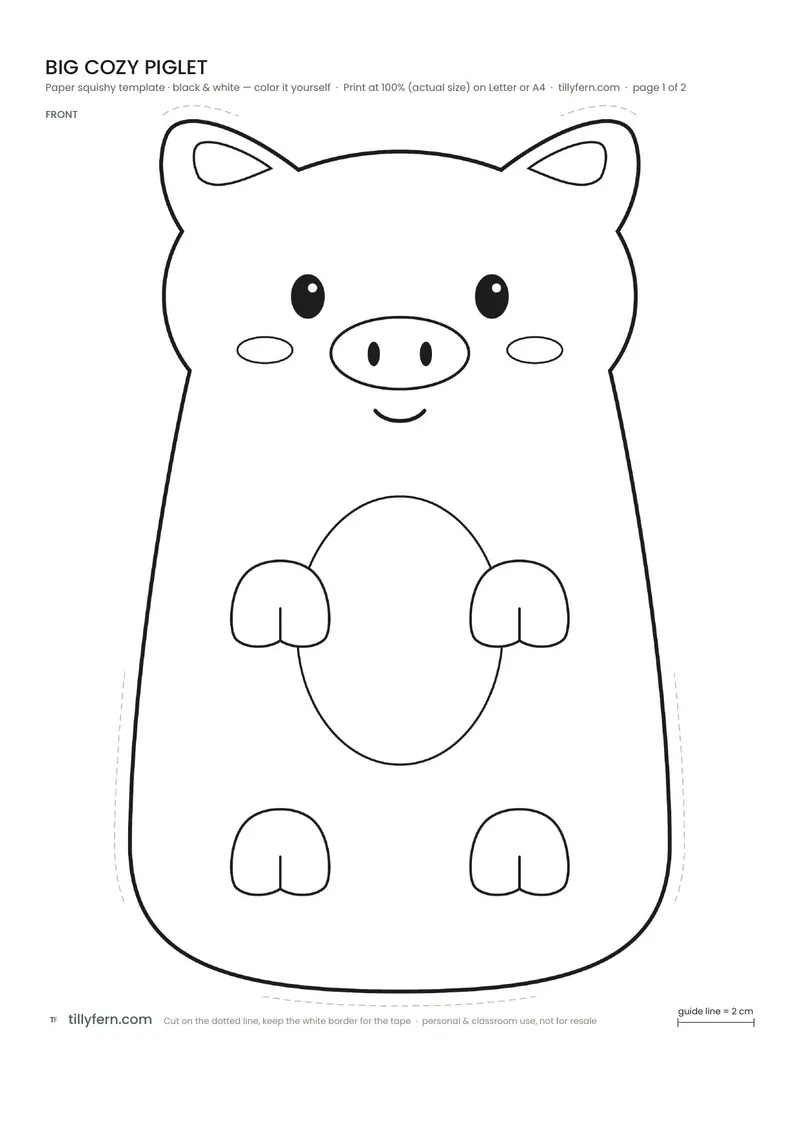 Big Cozy Piglet — black and white paper squishy template to color in