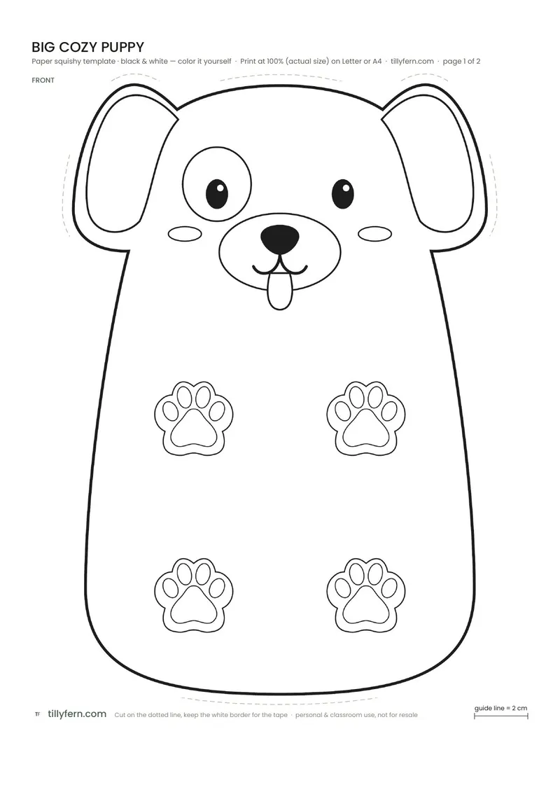 Big Cozy Puppy — black and white paper squishy template to color in