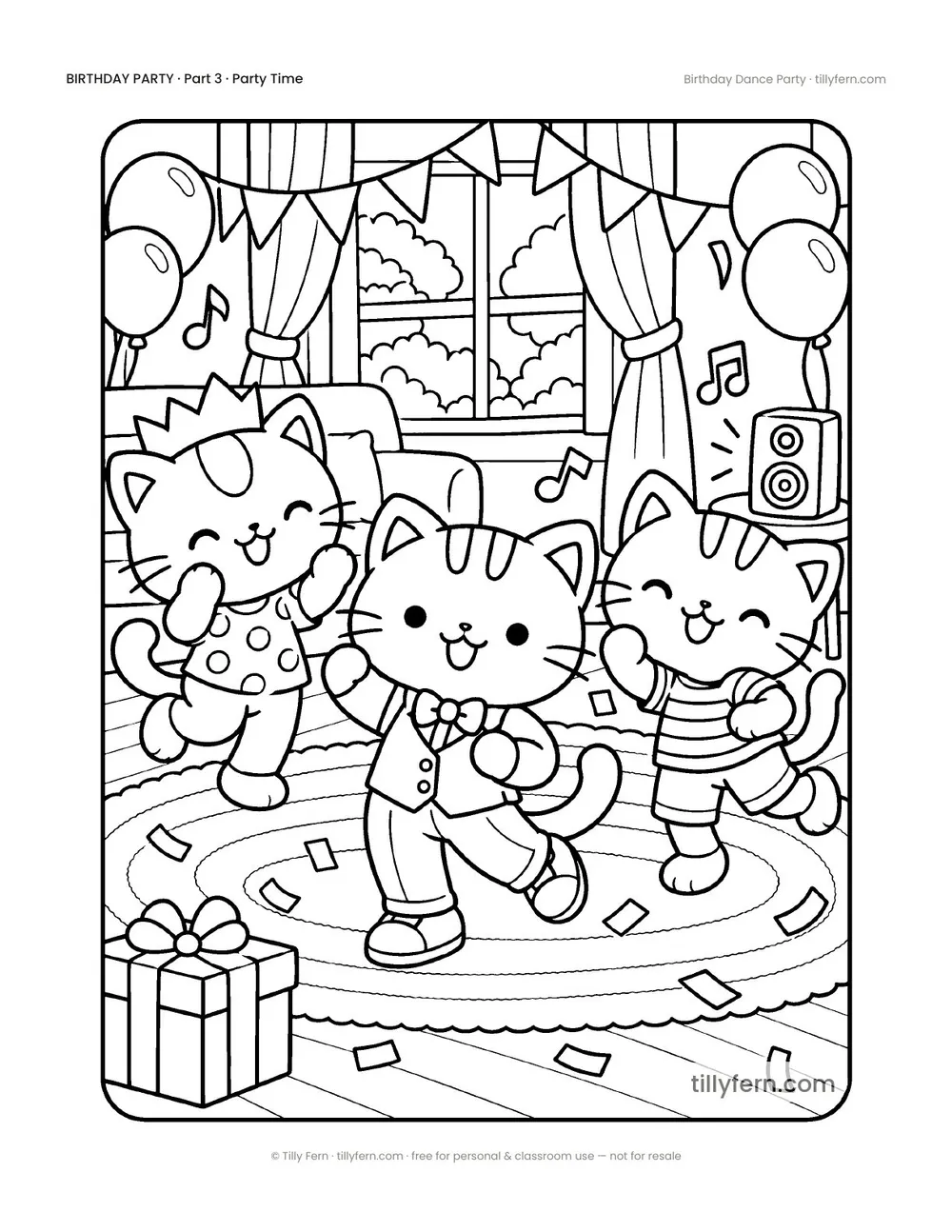 Birthday Dance Party — free birthday coloring page from Birthday Party