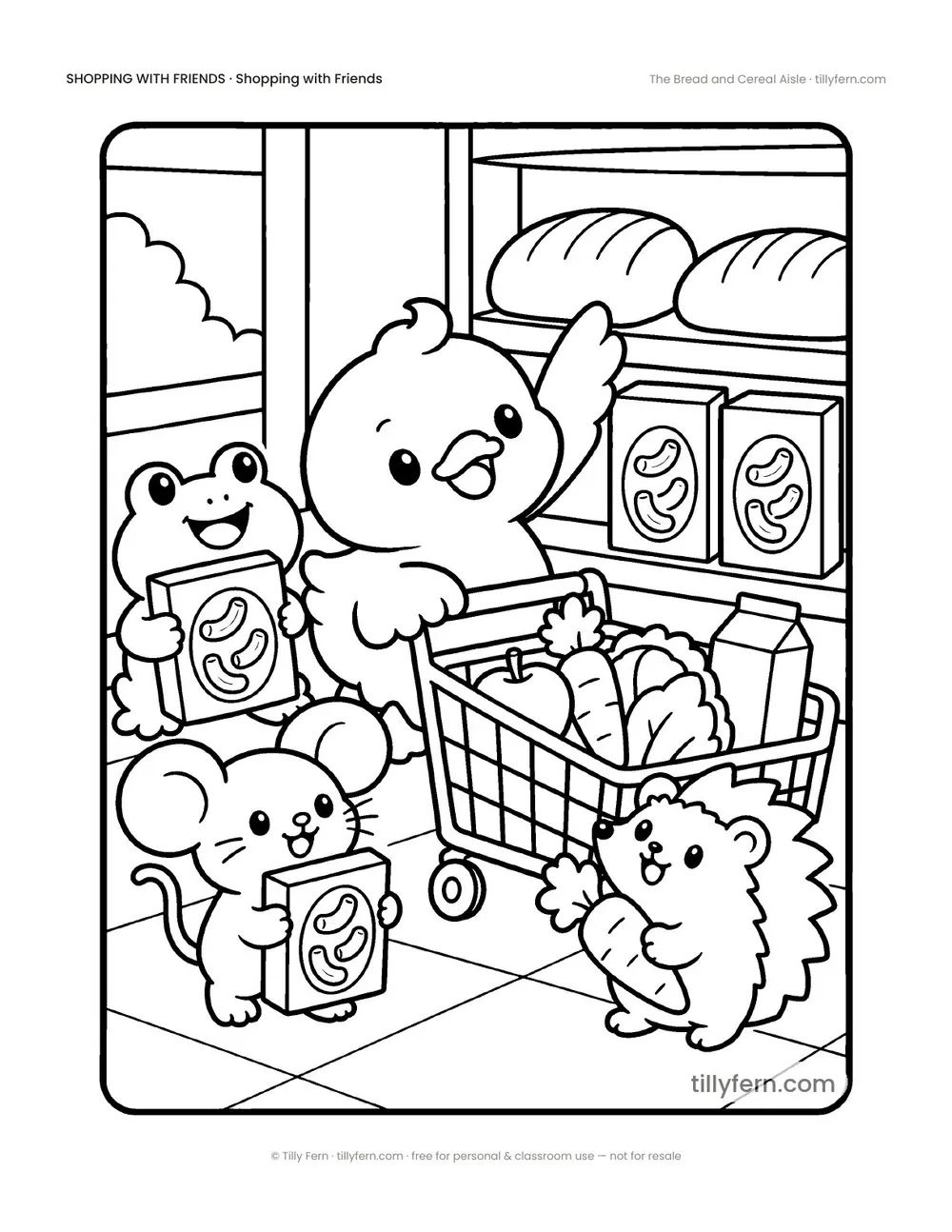 The Bread and Cereal Aisle — free grocery store coloring page from Shopping with Friends