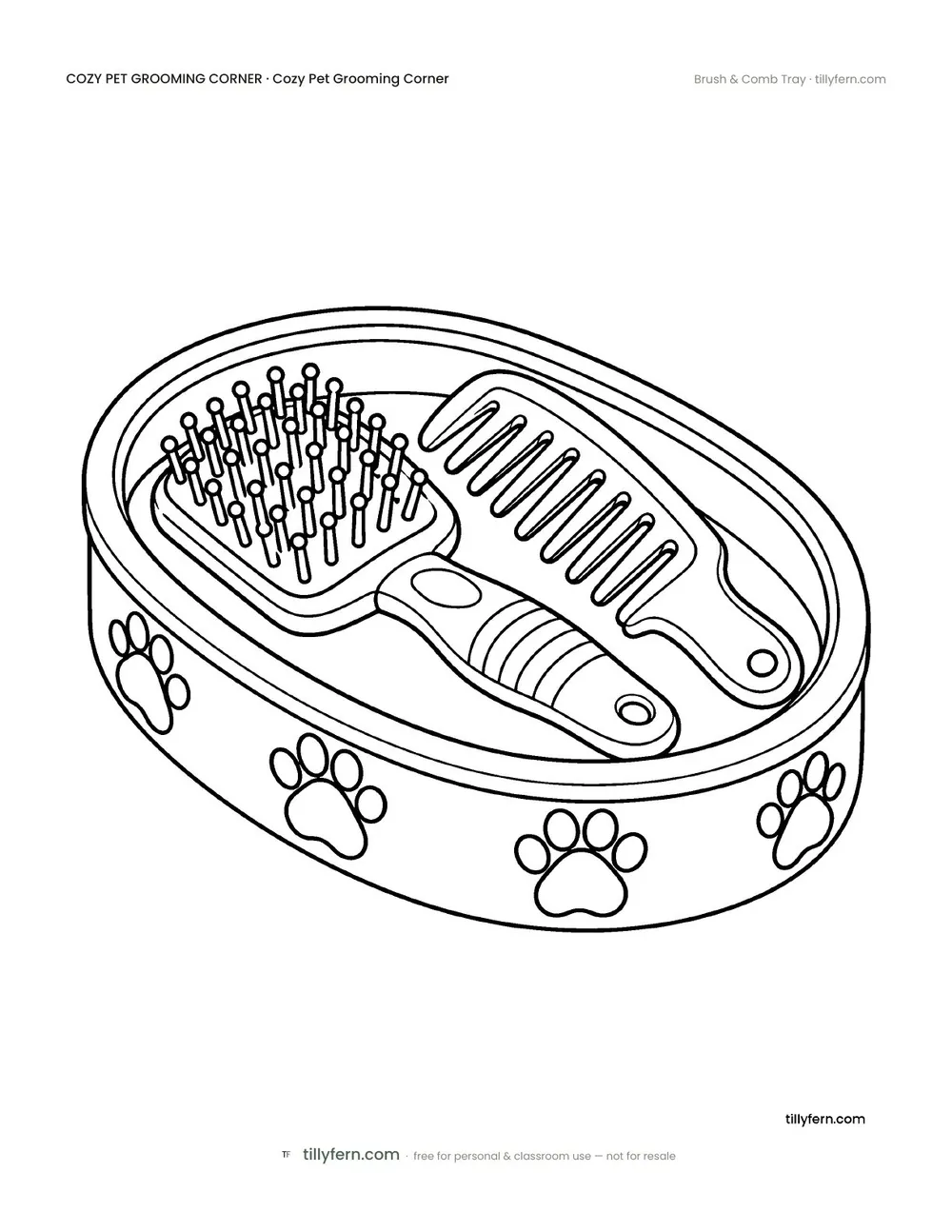Brush & Comb Tray — free pet grooming corner coloring page from Cozy Pet Grooming Corner