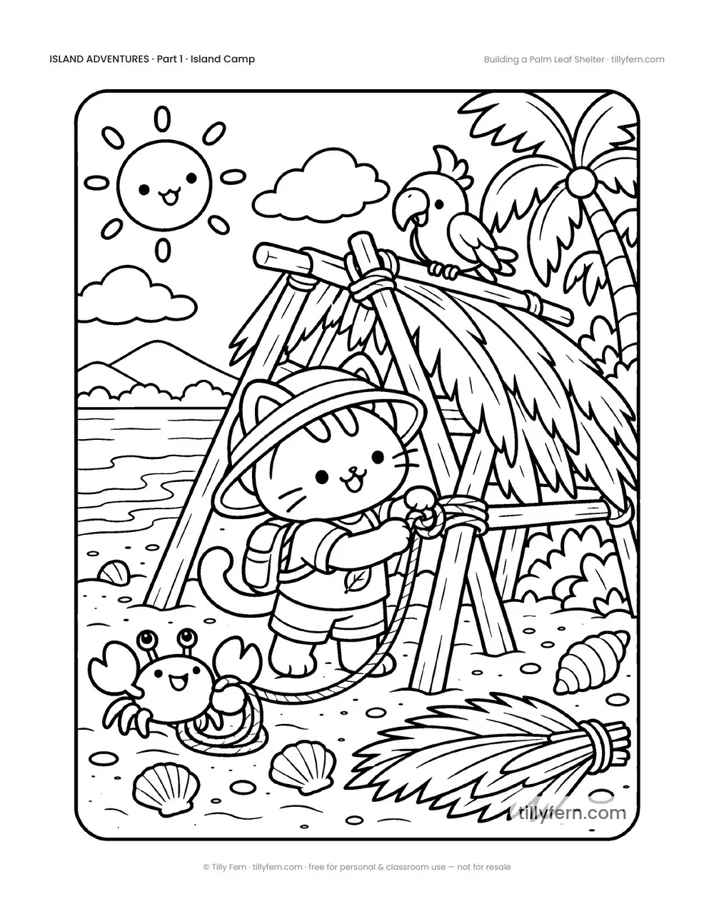 Building a Palm Leaf Shelter — free beach and summer coloring page from Island Adventures