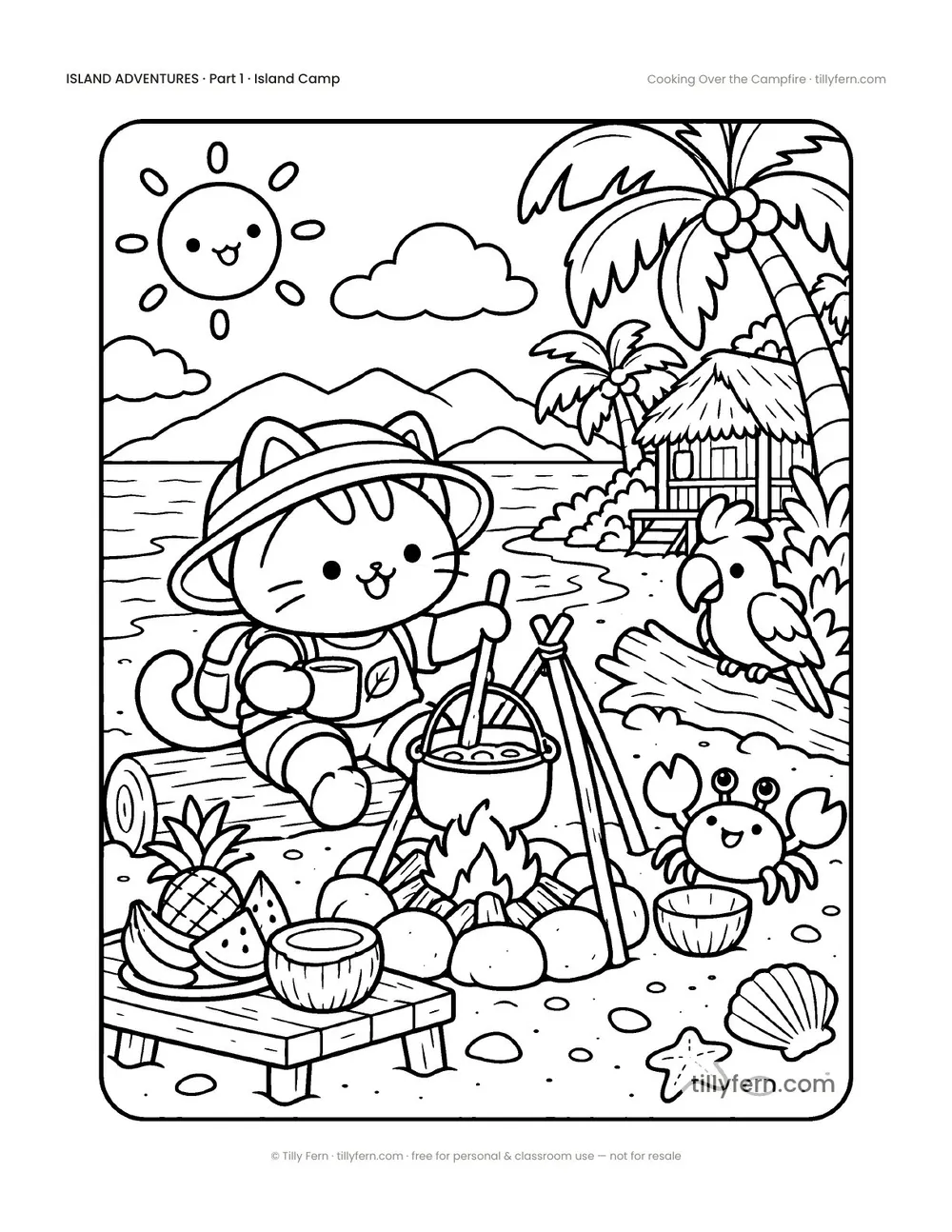 Cooking Over the Campfire — free beach and summer coloring page from Island Adventures