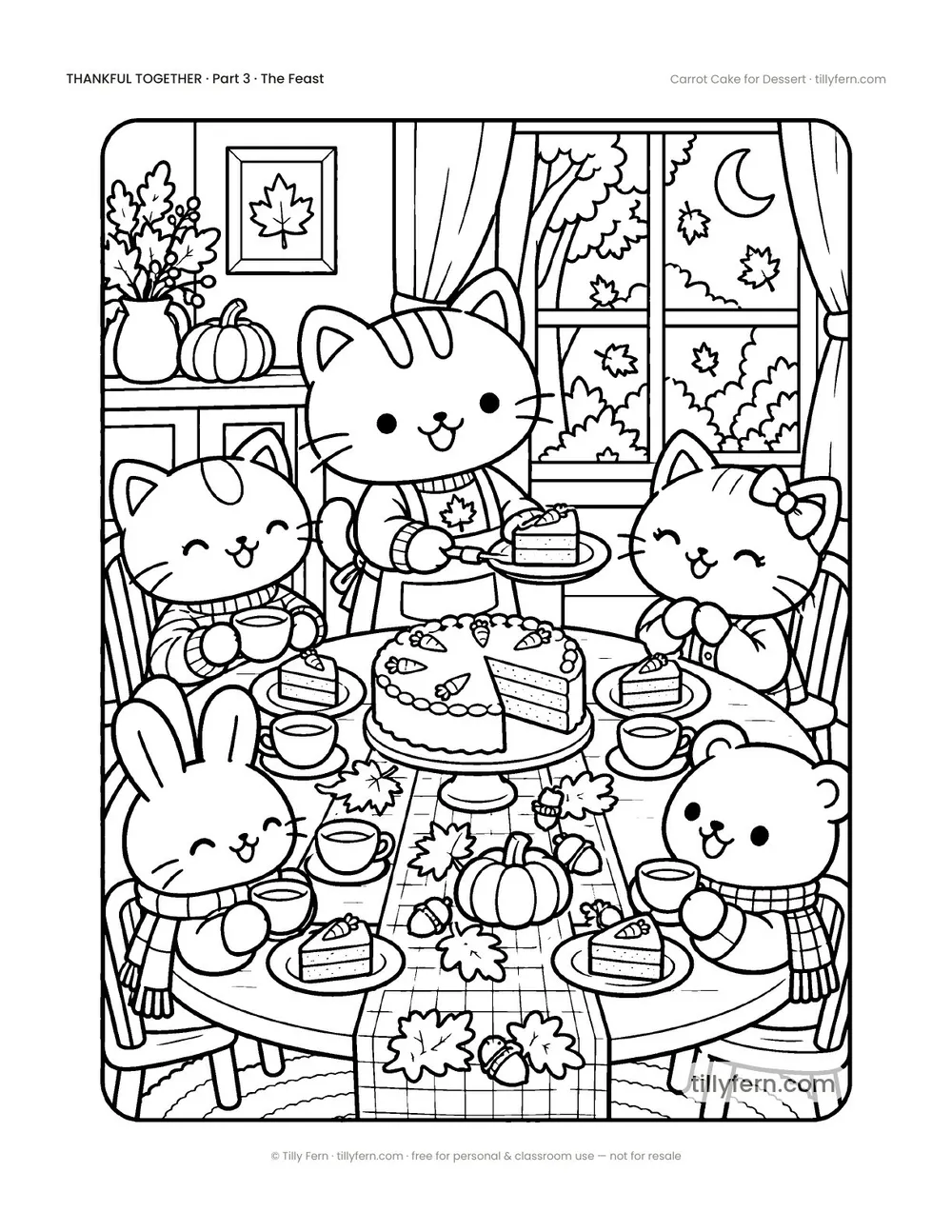 Carrot Cake for Dessert — free Thanksgiving coloring page with a cute kitty, from Thankful Together