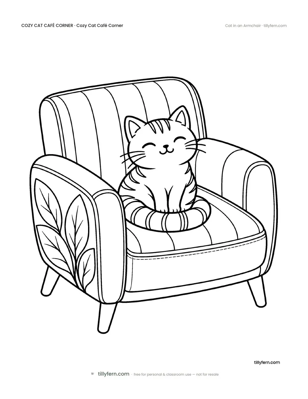 Cat in an Armchair — free cat café corner coloring page from Cozy Cat Café Corner