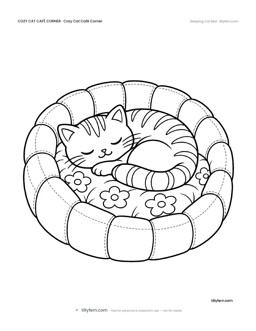 Sleeping Cat Bed — free cat café corner coloring page from Cozy Cat Café Corner