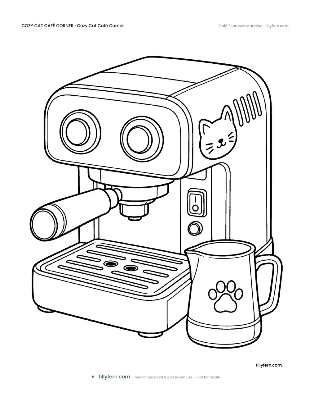 Café Espresso Machine — free cat café corner coloring page from Cozy Cat Café Corner