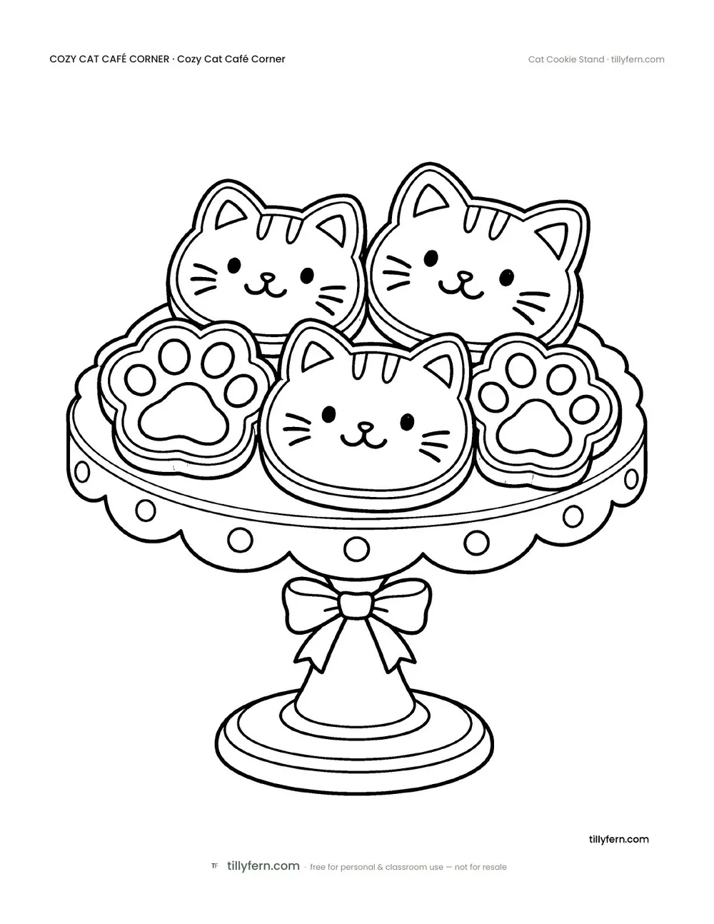 Cat Cookie Stand — free cat café corner coloring page from Cozy Cat Café Corner