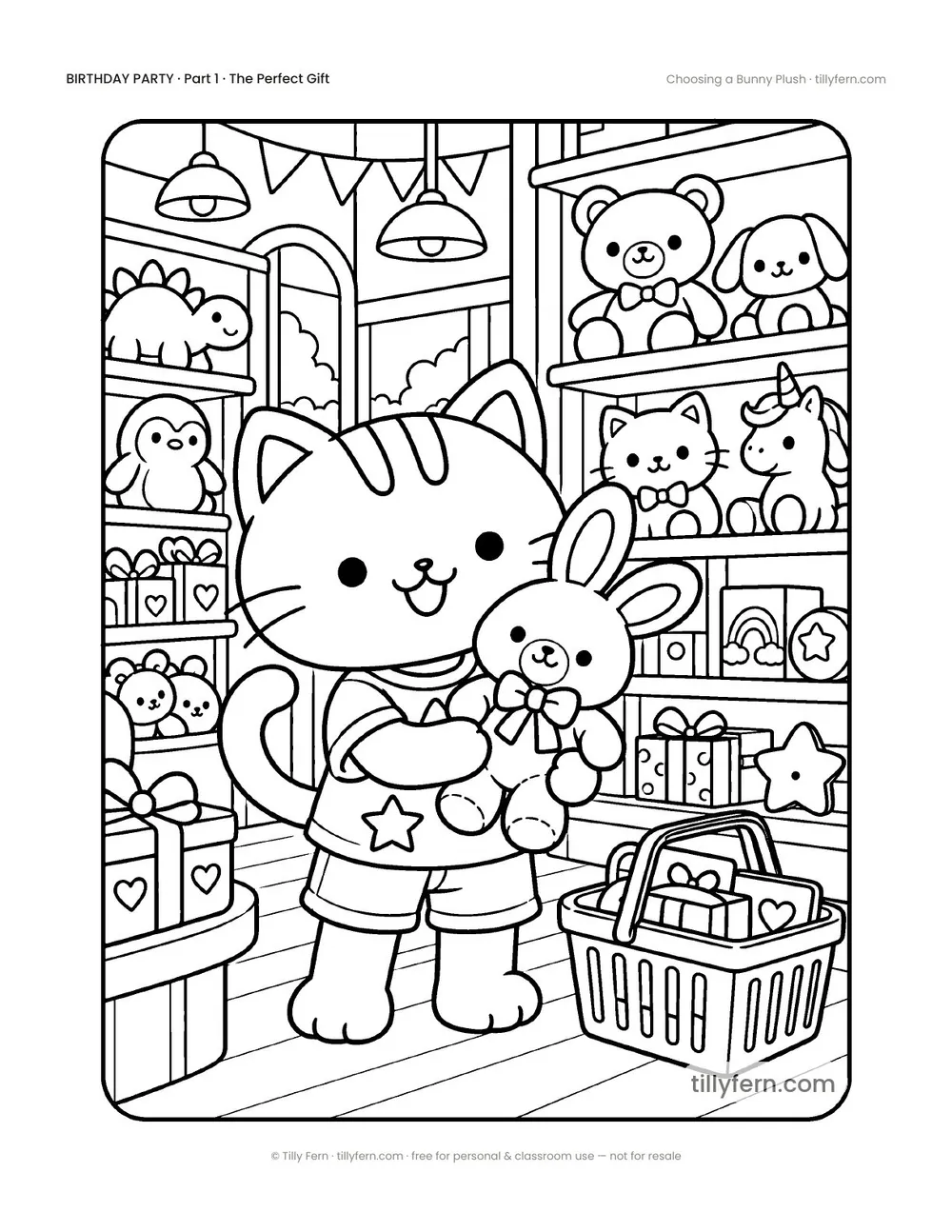 Choosing a Bunny Plush — free birthday coloring page from Birthday Party