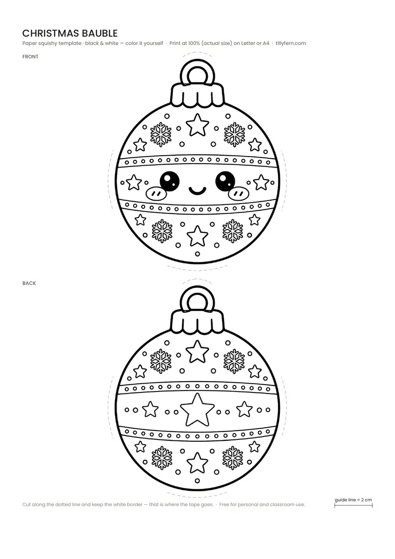Christmas Bauble — black and white paper squishy template to color in