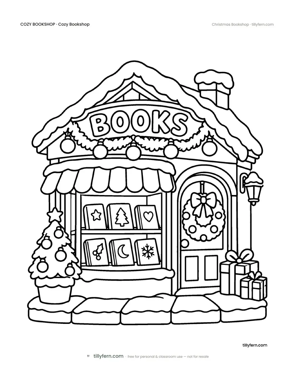 Christmas Bookshop — free bookshop coloring page from Cozy Bookshop