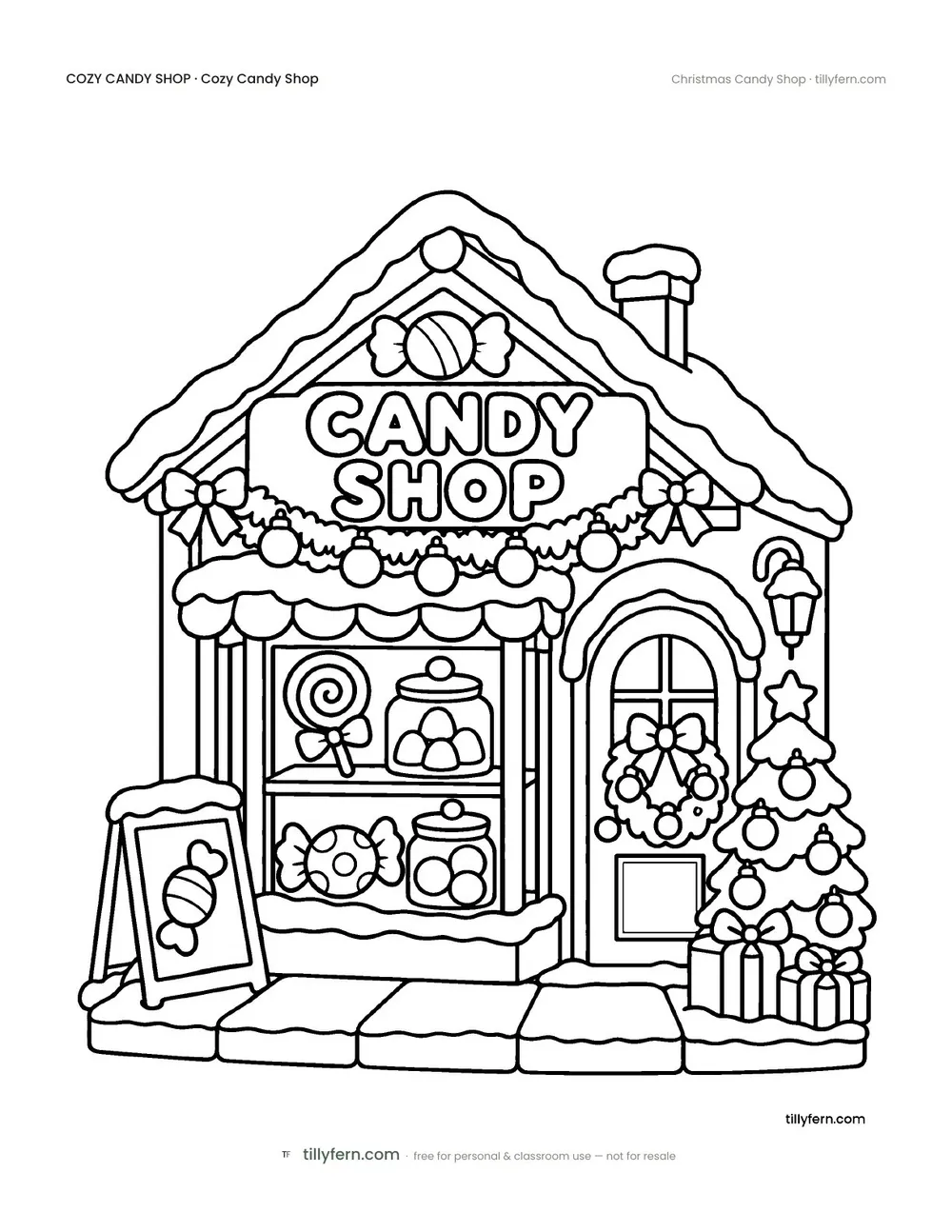 Christmas Candy Shop — free candy shop coloring page from Cozy Candy Shop