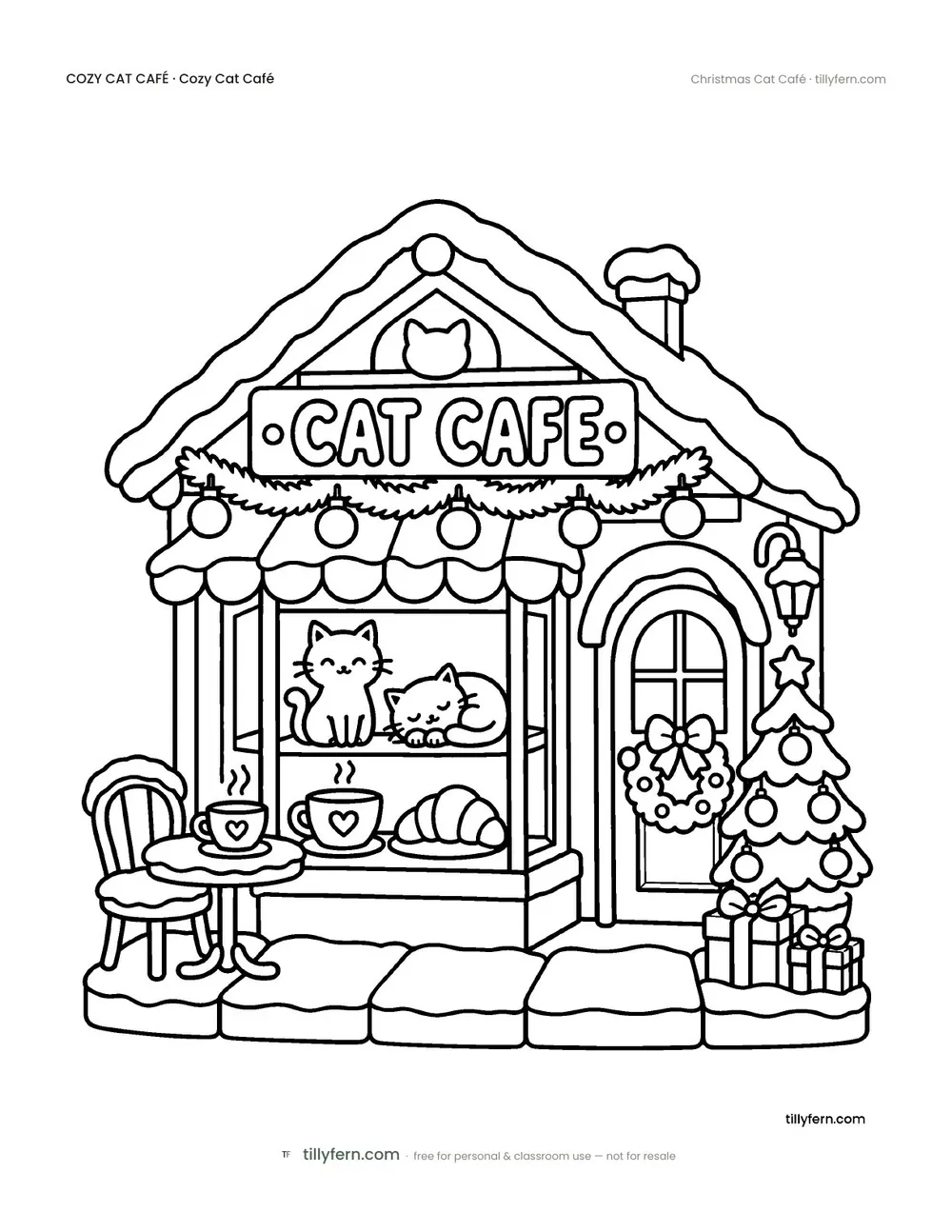 Christmas Cat Café — free cat café coloring page from Cozy Cat Café