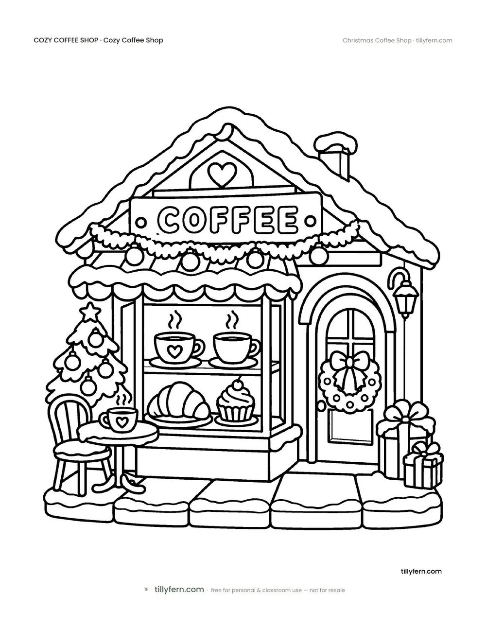Christmas Coffee Shop — free coffee shop coloring page from Cozy Coffee Shop