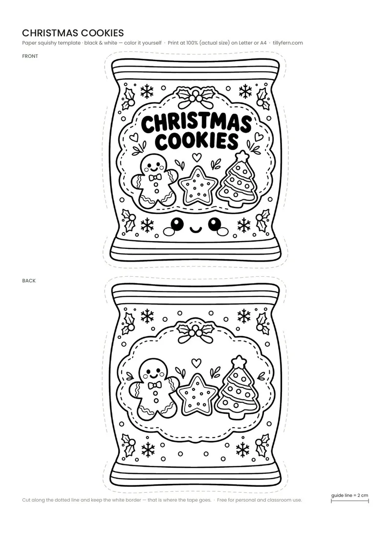 Christmas Cookies — black and white paper squishy template to color in
