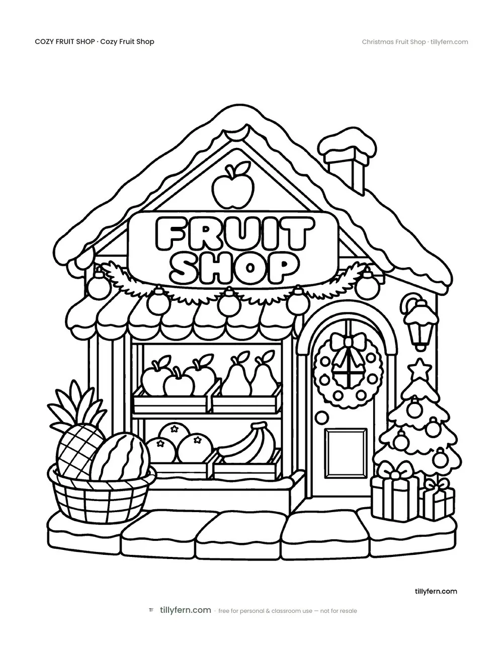 Christmas Fruit Shop — free fruit shop coloring page from Cozy Fruit Shop