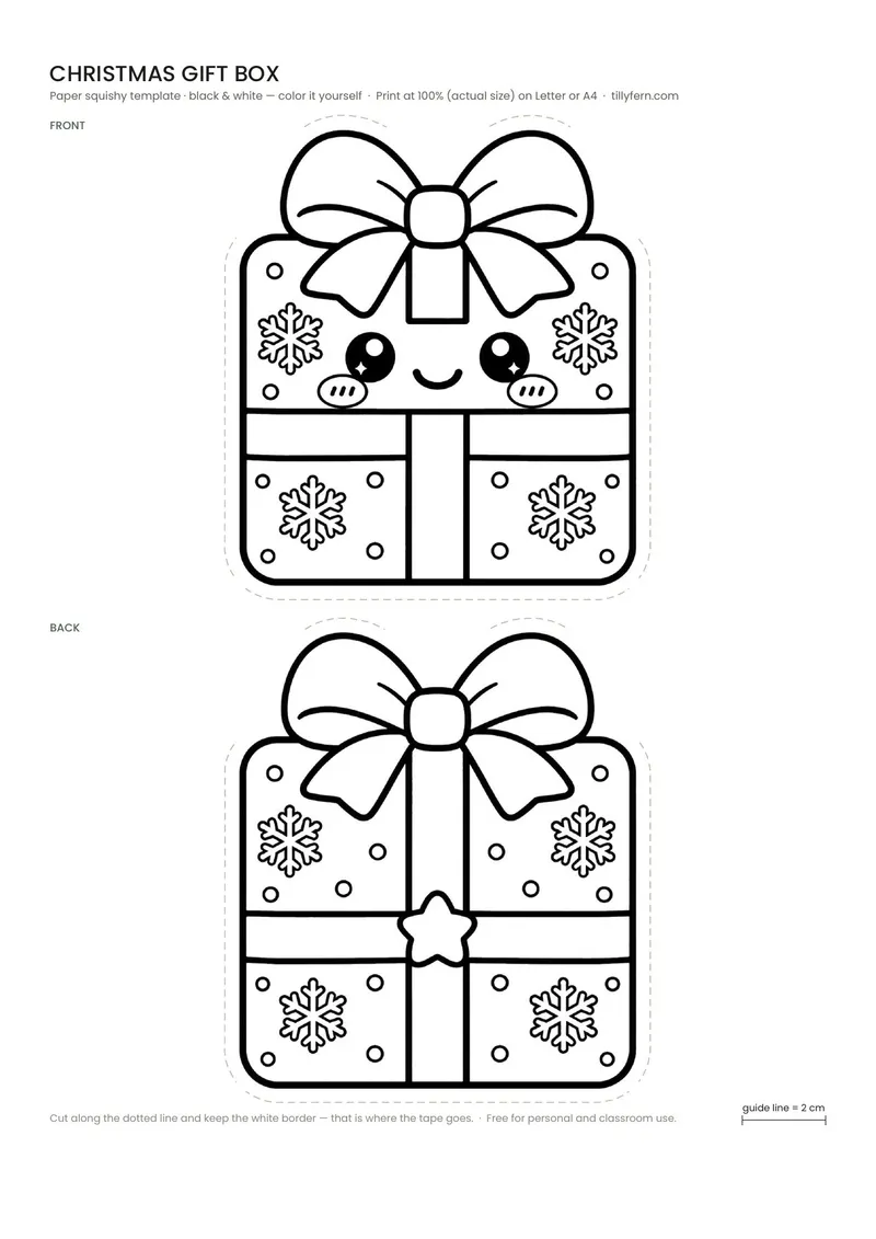 Christmas Gift Box — black and white paper squishy template to color in