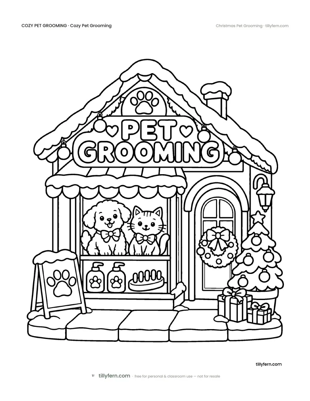 Christmas Pet Grooming — free pet grooming coloring page from Cozy Pet Grooming