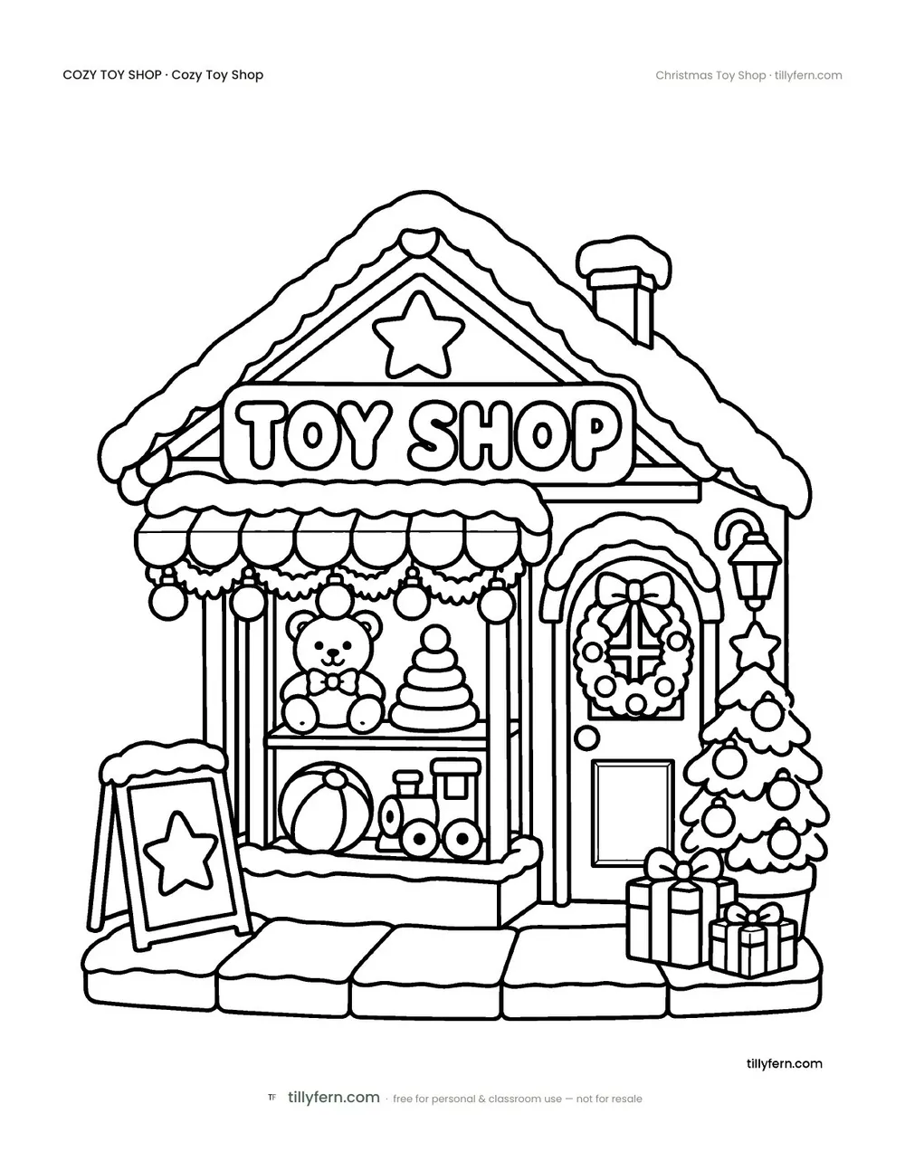 Christmas Toy Shop — free toy shop coloring page from Cozy Toy Shop