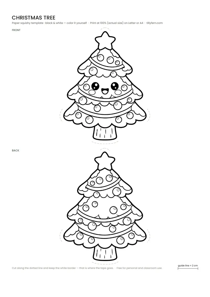 Christmas Tree — black and white paper squishy template to color in