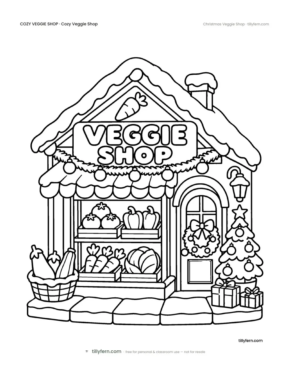 Christmas Veggie Shop — free veggie shop coloring page from Cozy Veggie Shop