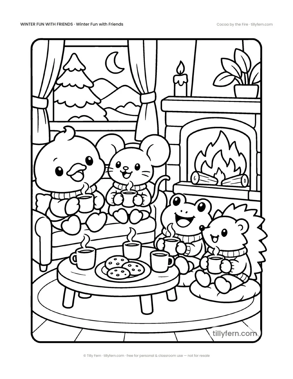 Cocoa by the Fire — free winter coloring page from Winter Fun with Friends