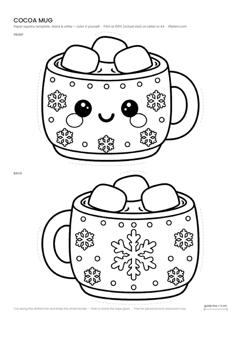 Cocoa Mug — black and white paper squishy template to color in